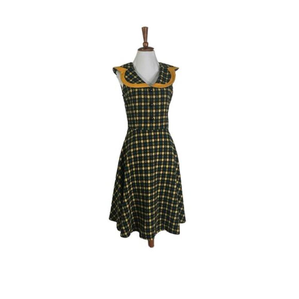 Women's Knit Green and Mustard Yellow Vintage Retro Style A line Dress S